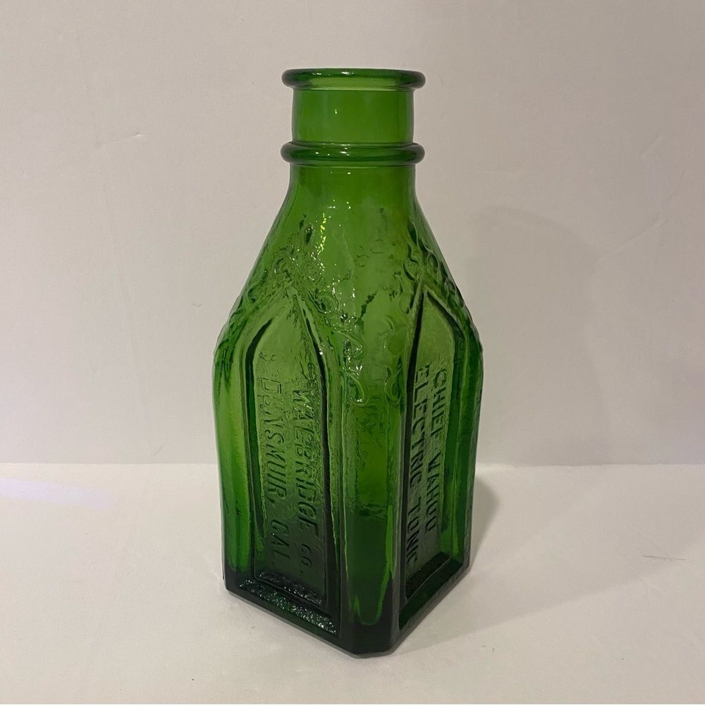 Vintage Chief Wahoo Electric Tonic Cathedral Brand Green Glass Bottle
